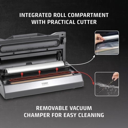 Vacuum sealer with roll compartment and cutter, removable vacuum chamber for easy cleaning