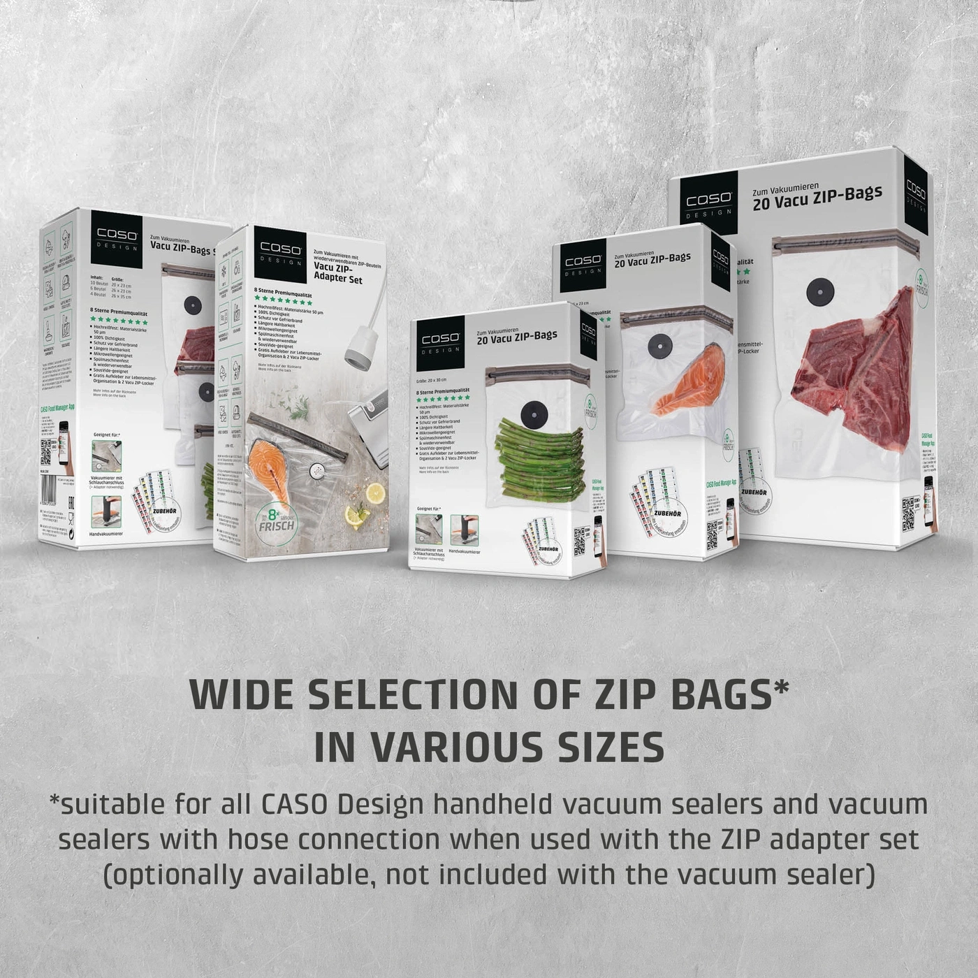 A selection of CASO ZIP bags in various sizes for vacuum sealing.