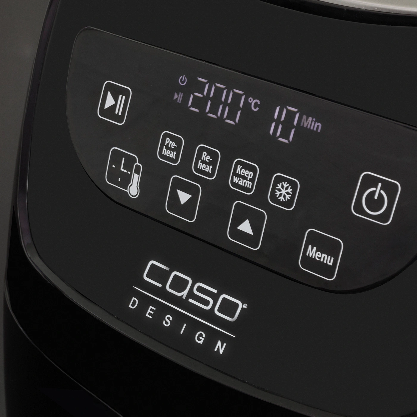 Black control panel with temperature display, buttons, and logo.