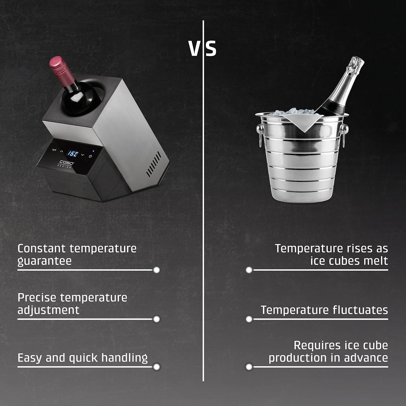 Wine cooler vs. ice bucket: Constant temperature vs. fluctuating temperature.