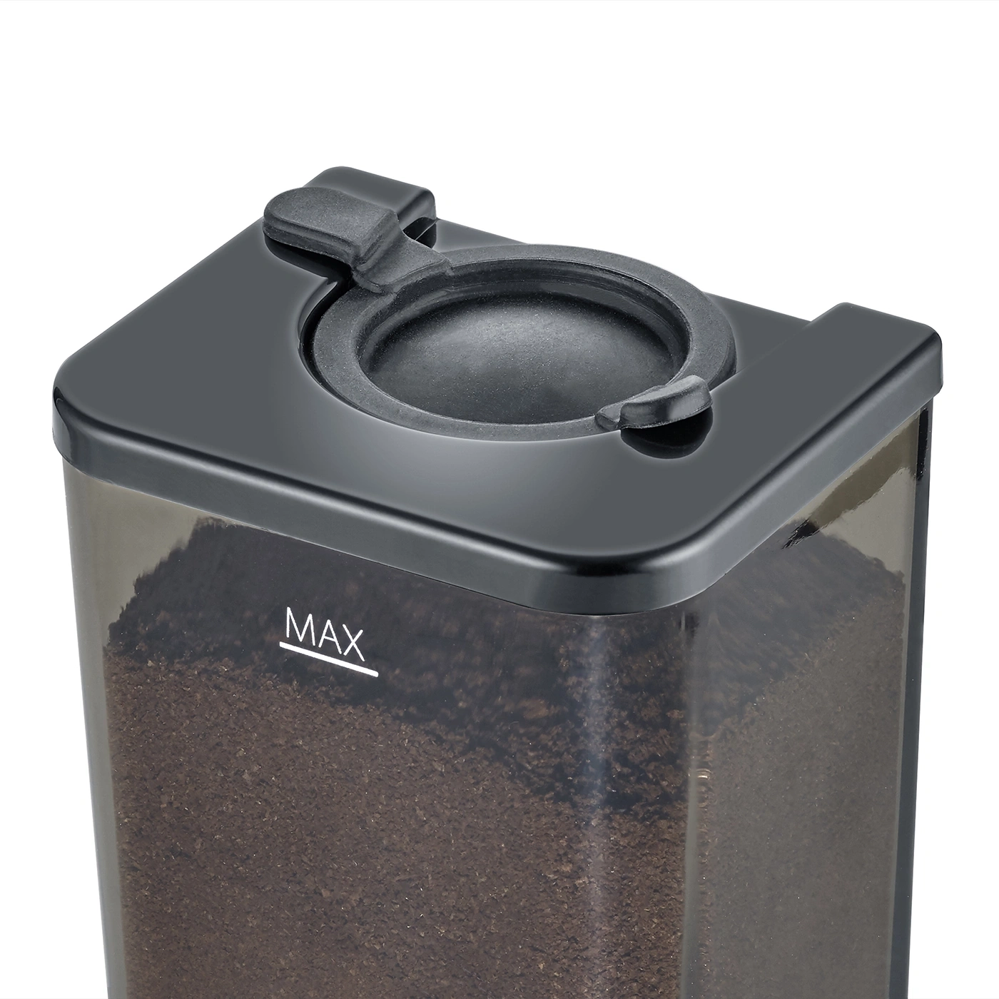 Kaffeemühle mit Deckel und MAX-Markierung, gefüllt mit Kaffeepulver.