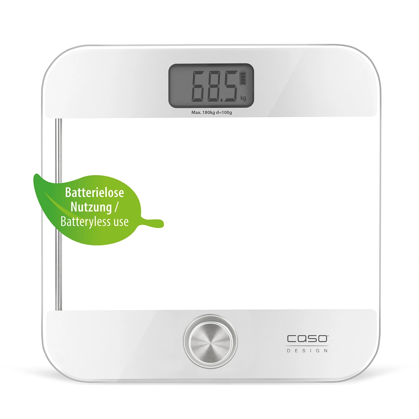 White digital scale with "Batteryless use" sticker and screen showing weight.