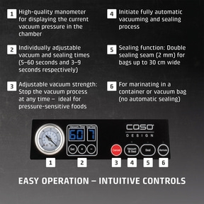 Vacuum sealer with features like manometer, adjustable times, and marinating function.