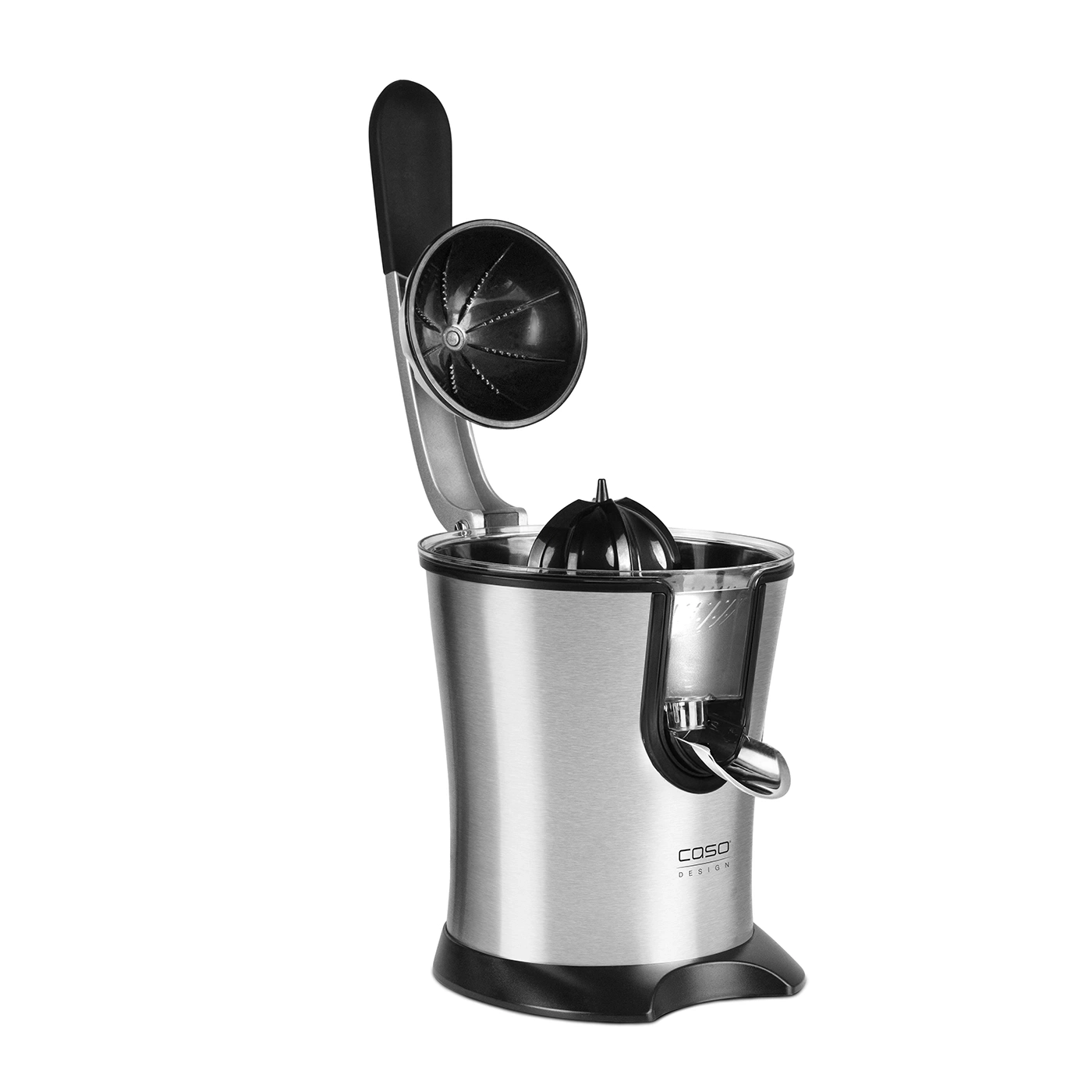 Stainless steel electric citrus juicer with black handle and spout, Caso Design