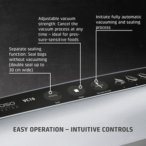 Vacuum sealer with features: vacuum, seal, stop, easy operation, for food preservation.