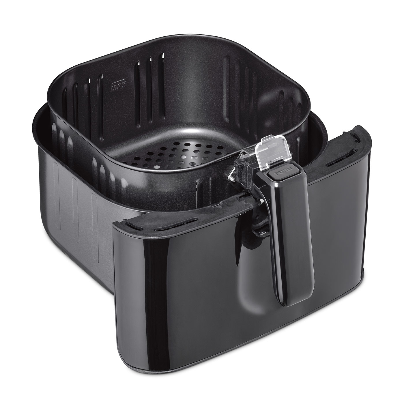 Black air fryer with removable basket and handle, ready for cooking delicious food.