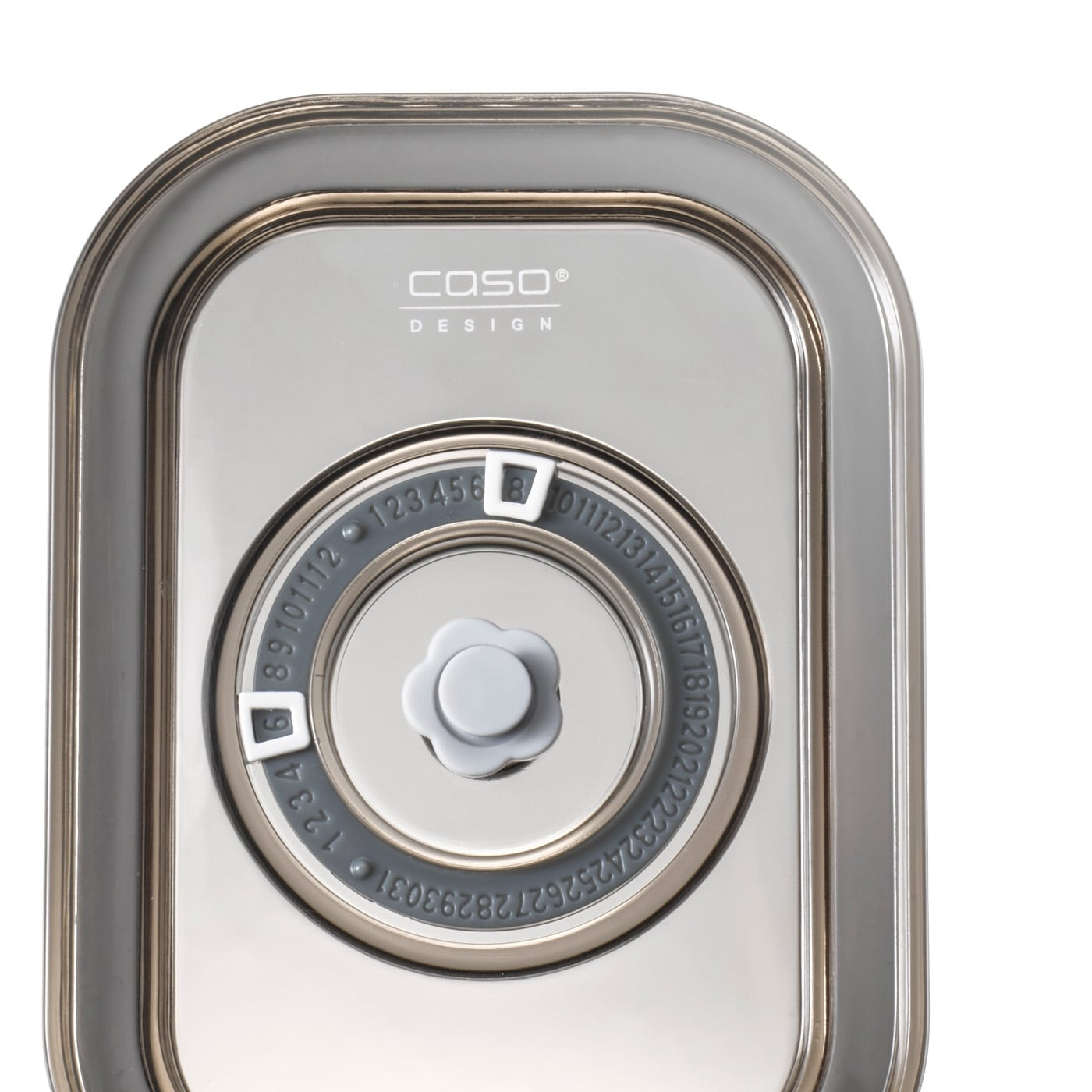 Close-up of a silver container with a rotary lock and numbers on it