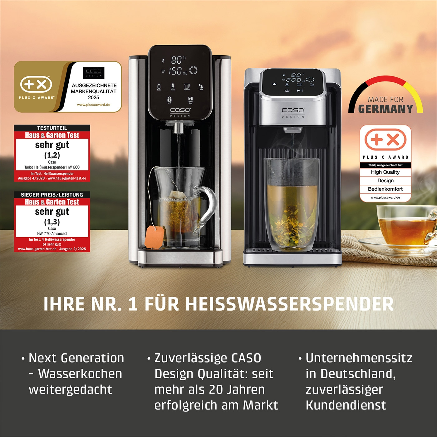 Zwei Caso Heißwasserspender mit Auszeichnungen und Teezubereitung.