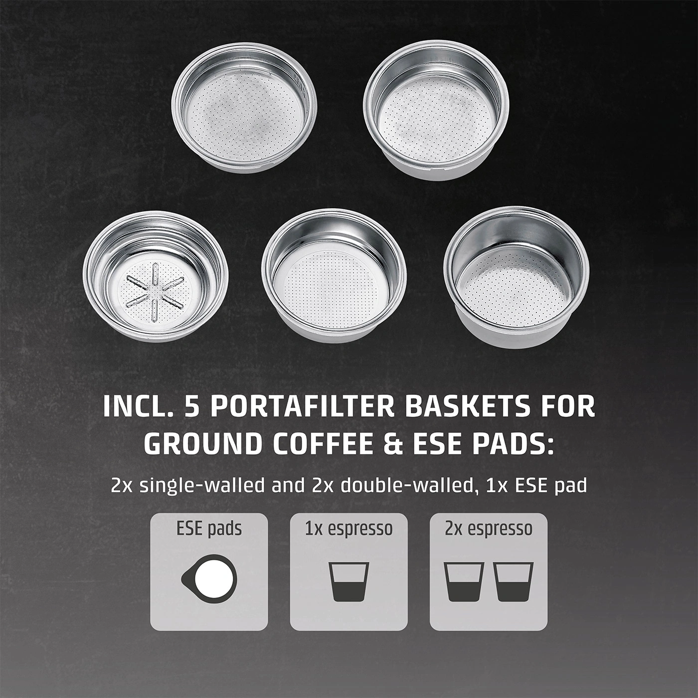 Coffee sieves for ground coffee and E.S.E. pads, 5 pieces, 2x single-walled, 2x double-walled, 1x E.S.E pad