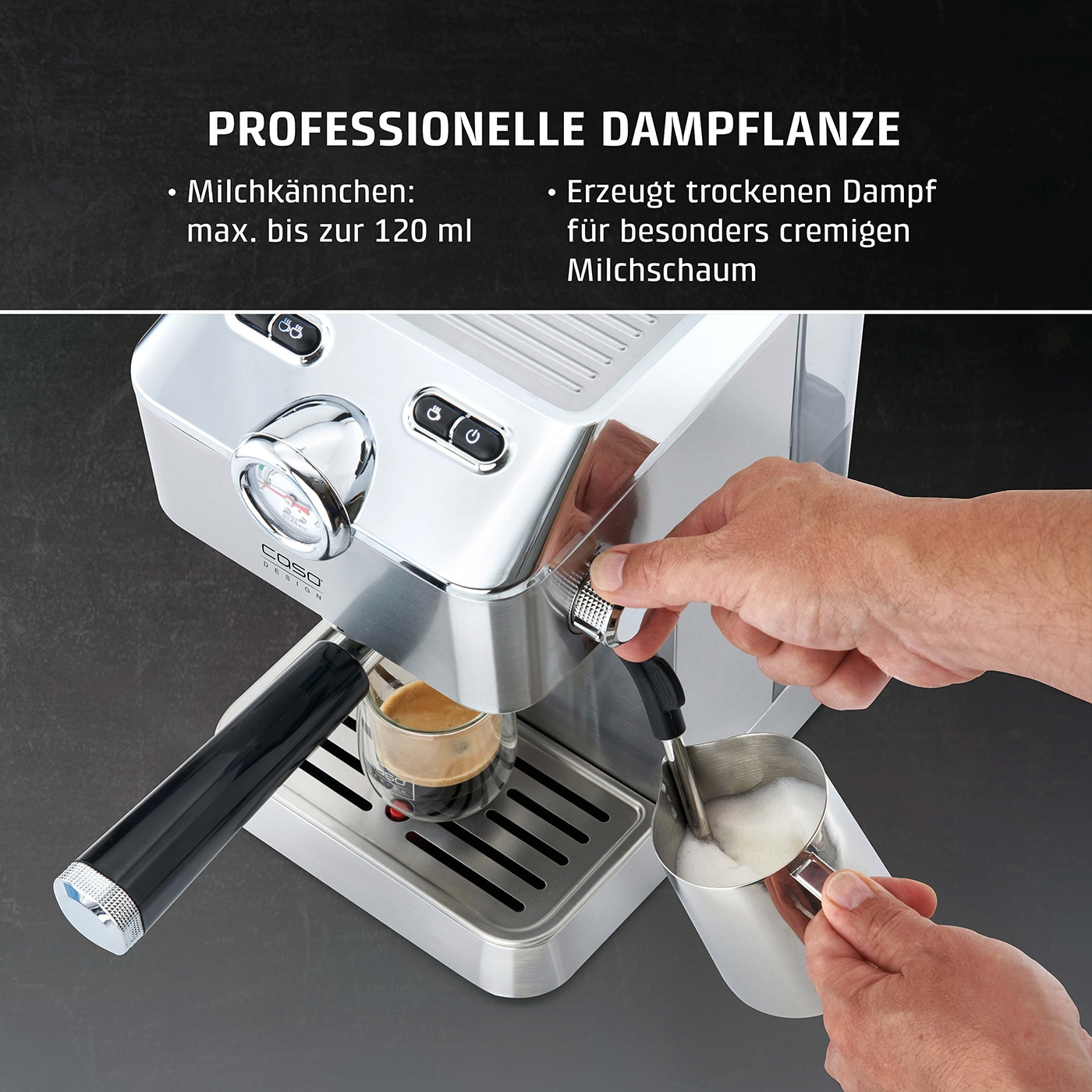 Espressomaschine mit Milchschaum, professionelle Dampflanze, Milchkännchen bis 120 ml