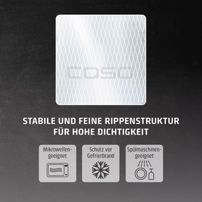 Lebensmittelbox mit Schriftzug 'Stabile und feine Rippenstruktur für hohe Dichtigkeit'.