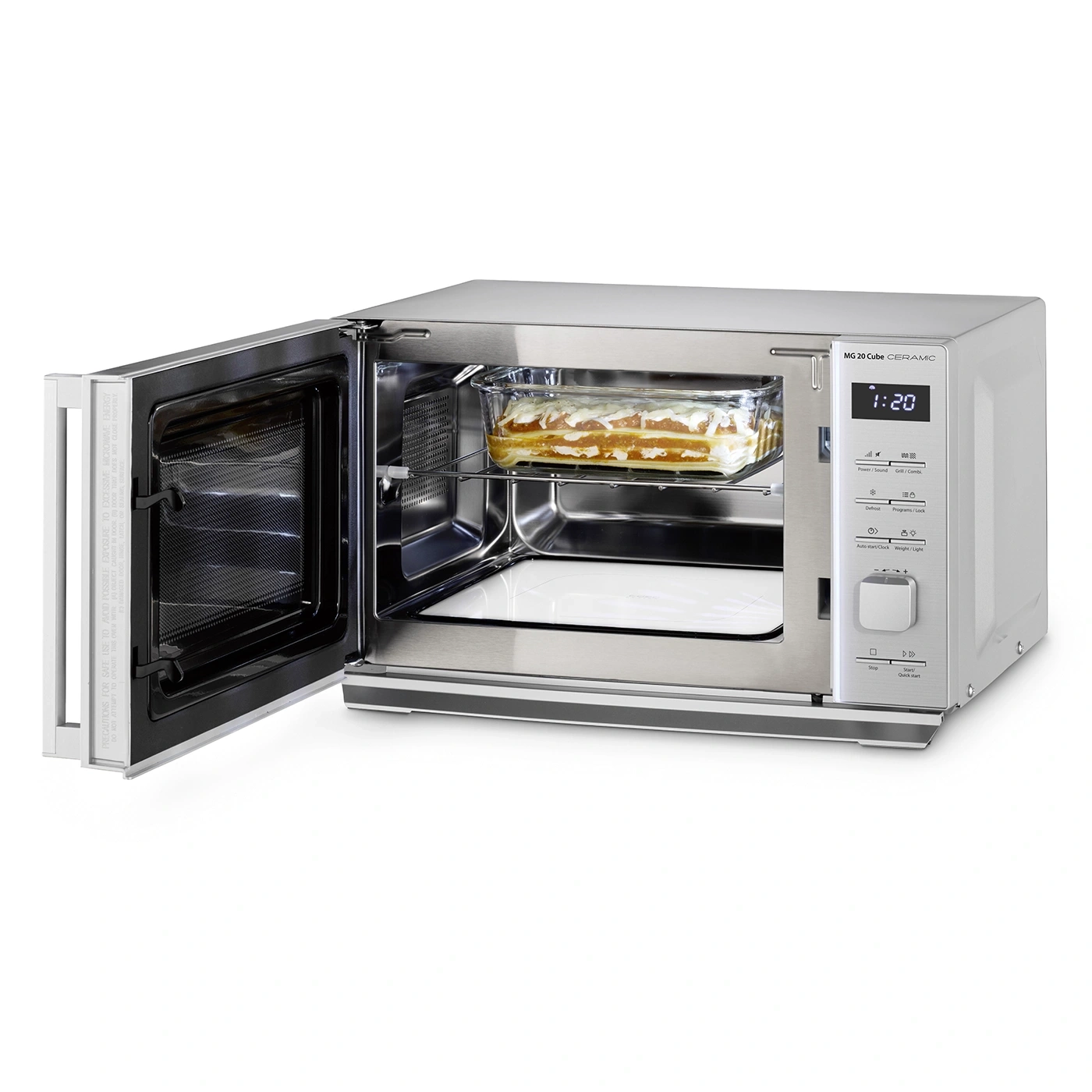 Microwave with open door, food inside, control panel with display, silver casing.