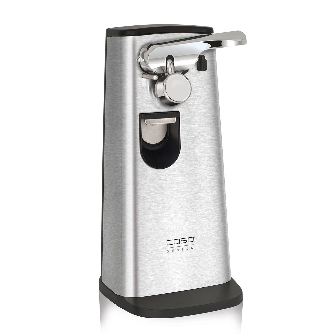 Stainless steel electric can opener with black base and handle, modern design.