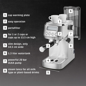 Espresso machine with features: warming plate, easy operation, portafilter, water tank.