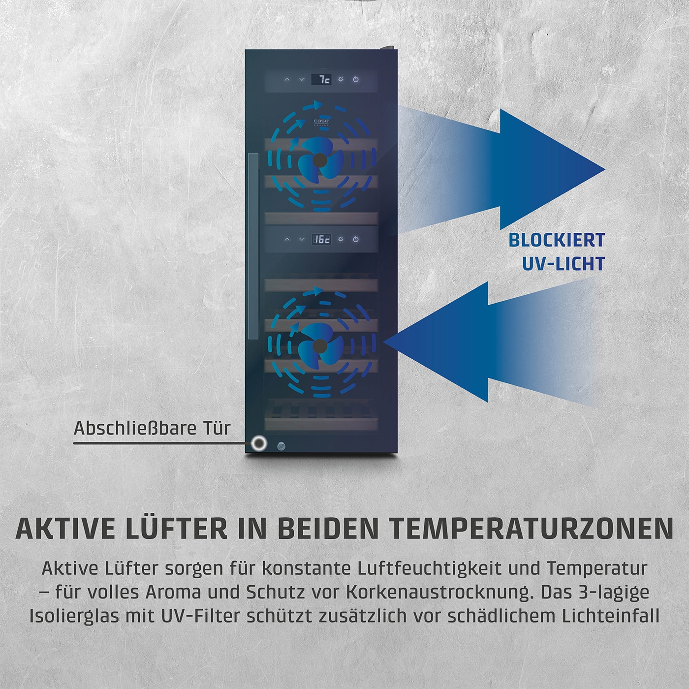 Weinkühlschrank mit aktiven Lüftern, UV-Schutz und abschließbarer Tür.