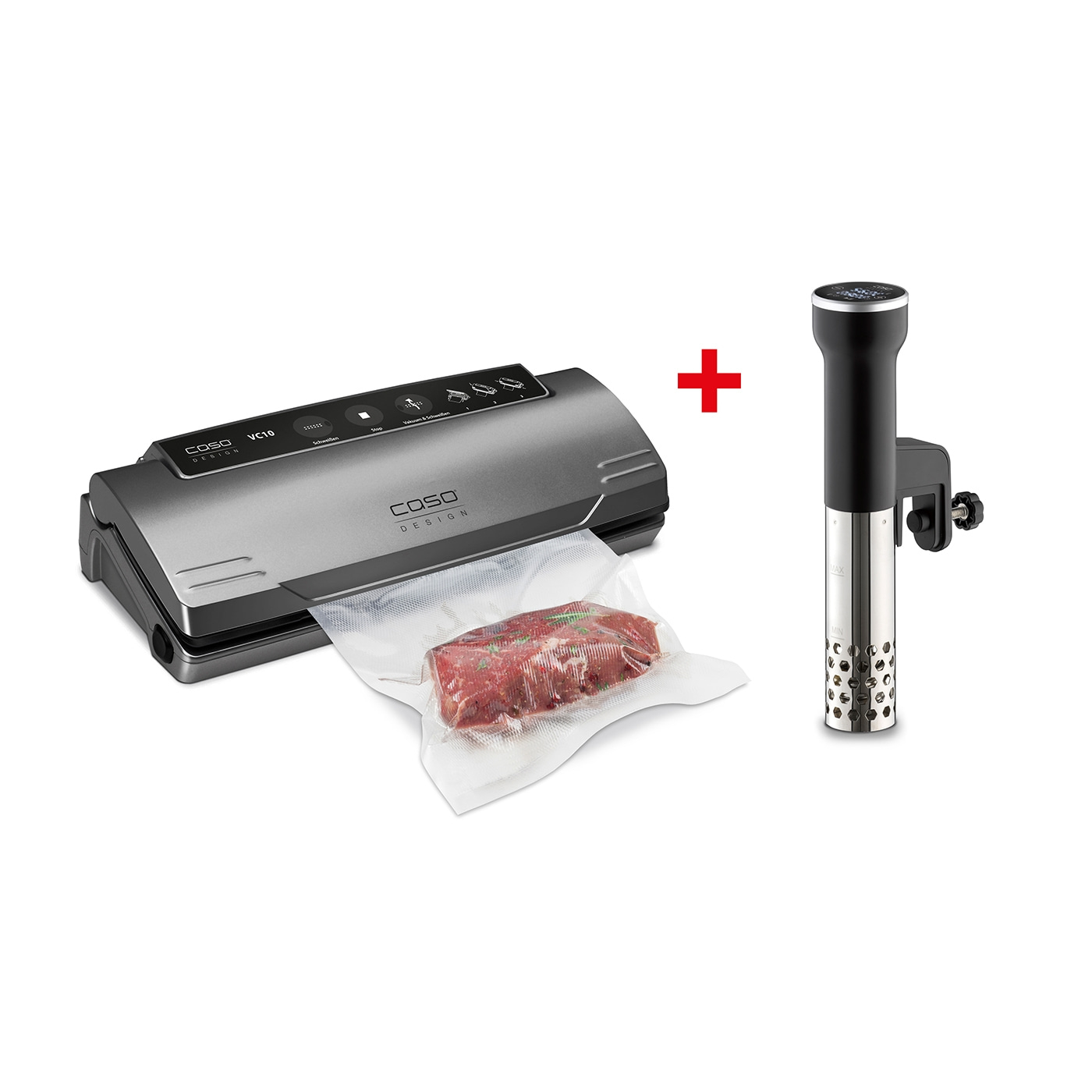 Vacuum sealer and sous vide cooker with meat in a bag