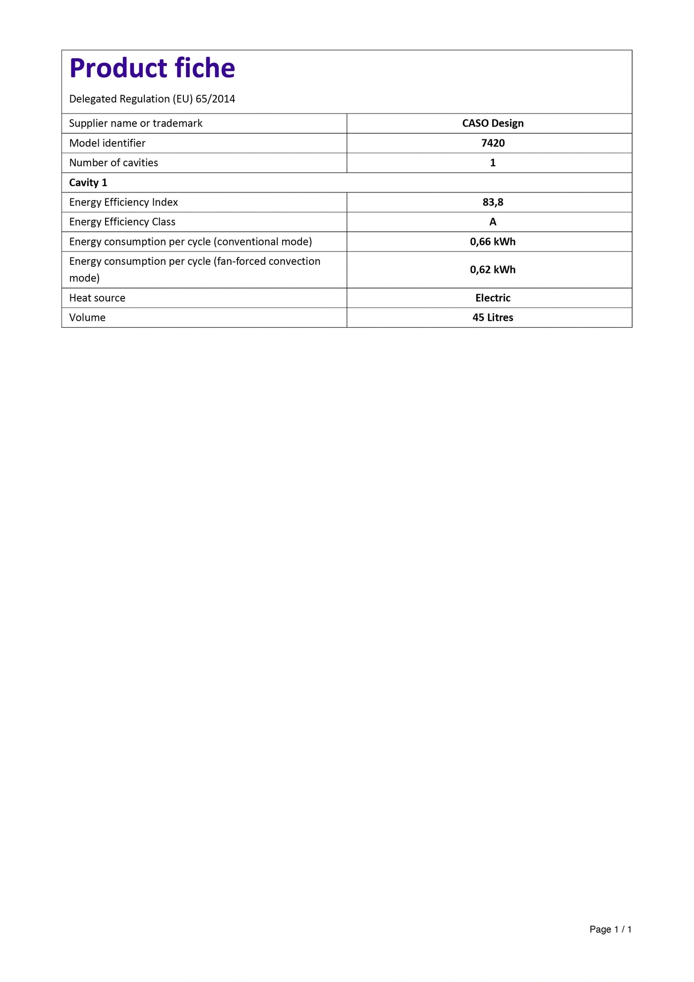 Product data sheet with energy efficiency and consumption information, CASO Design appliance.