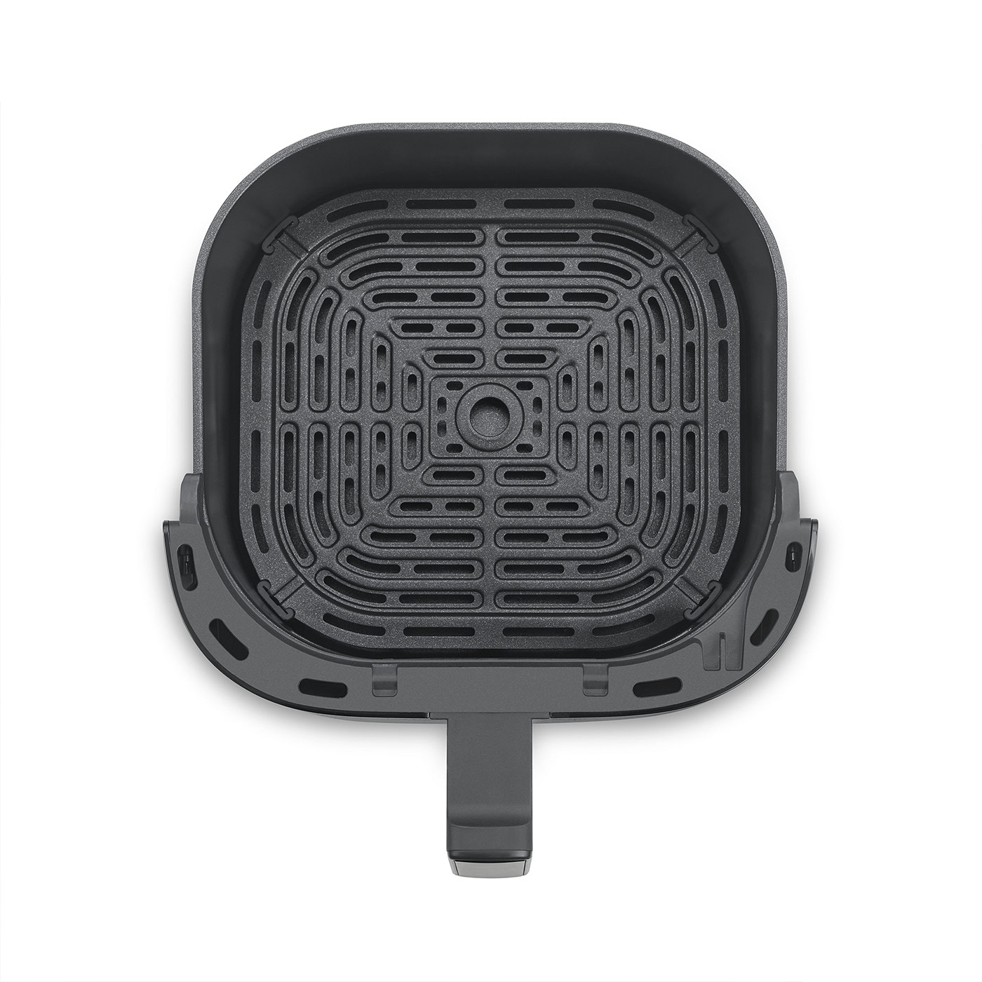 Top-down view of a black air fryer basket with a hole pattern and handle.