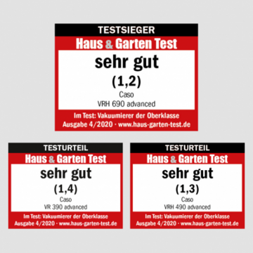 Drei Testurteile von Haus & Garten Test: Sehr gut (1,2) mit Caso VRH 690 advanced, Sehr gut (1,4) mit Caso VR 390 advanced und Sehr gut (1,3) mit Caso VRH 490 advanced.