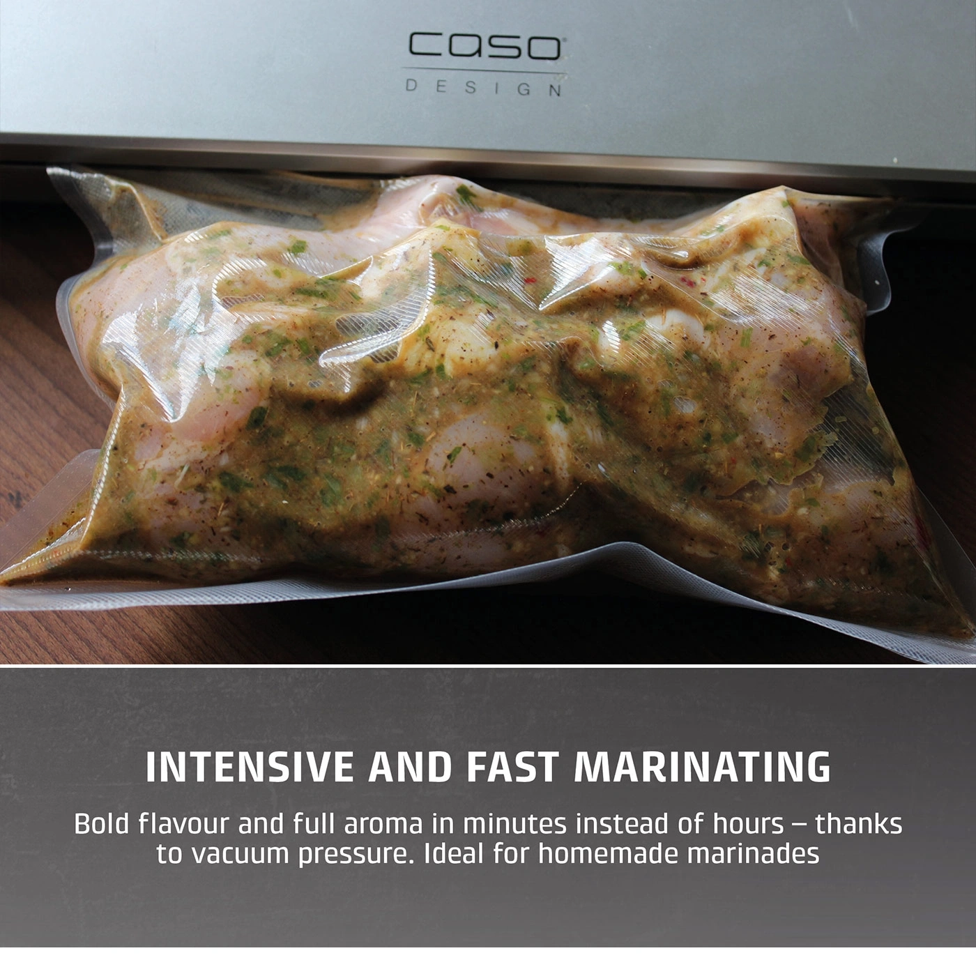 Marinated meat in vacuum bag, text: Intense marinating, aroma in minutes