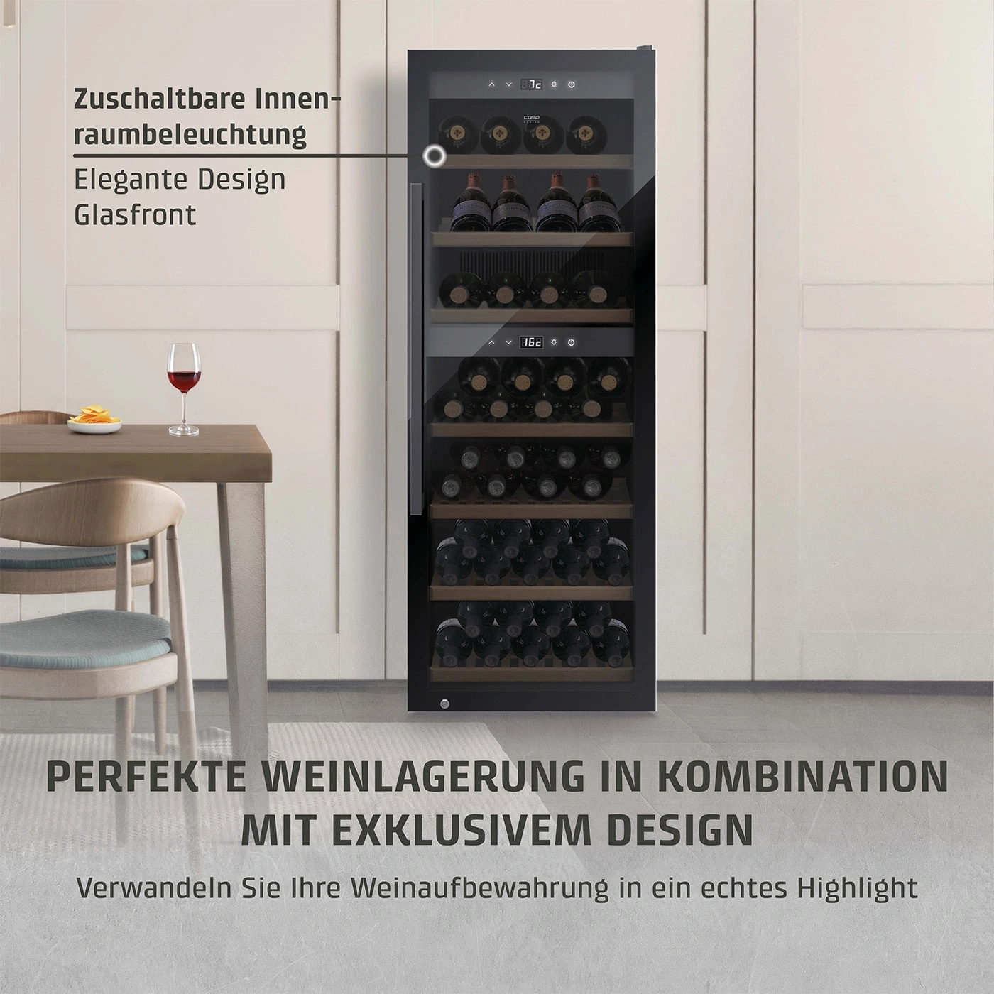 Weinkühlschrank mit Glasfront, Innenbeleuchtung und elegantem Design für perfekte Weinlagerung.