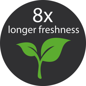 Circle with text '8x longer freshness' and green leaves, freshness symbol