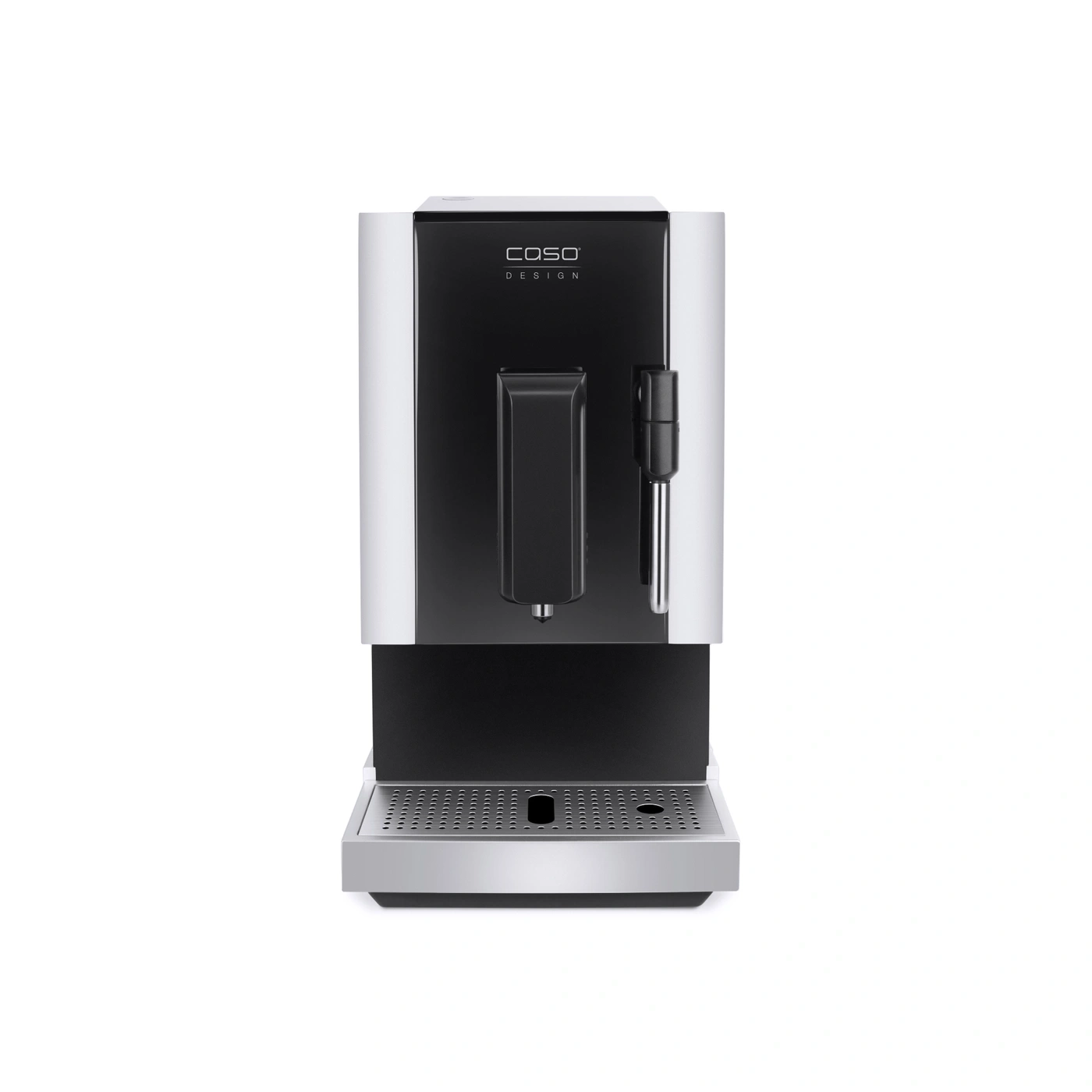 Caso Design coffee machine, silver and black, front view, isolated
