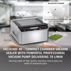 Vacuum sealer with accessories, 32 cm wide, 17.5 cm high, stainless steel.