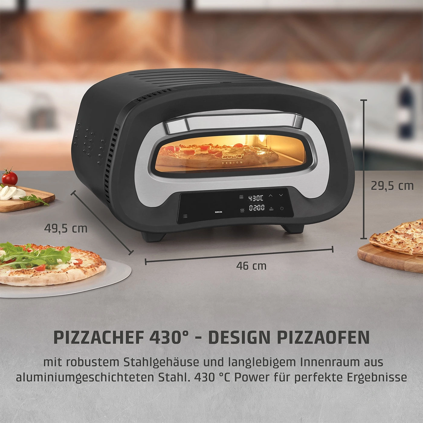 Pizzaofen mit Maßen, Temperaturanzeige und Pizza im Ofen.