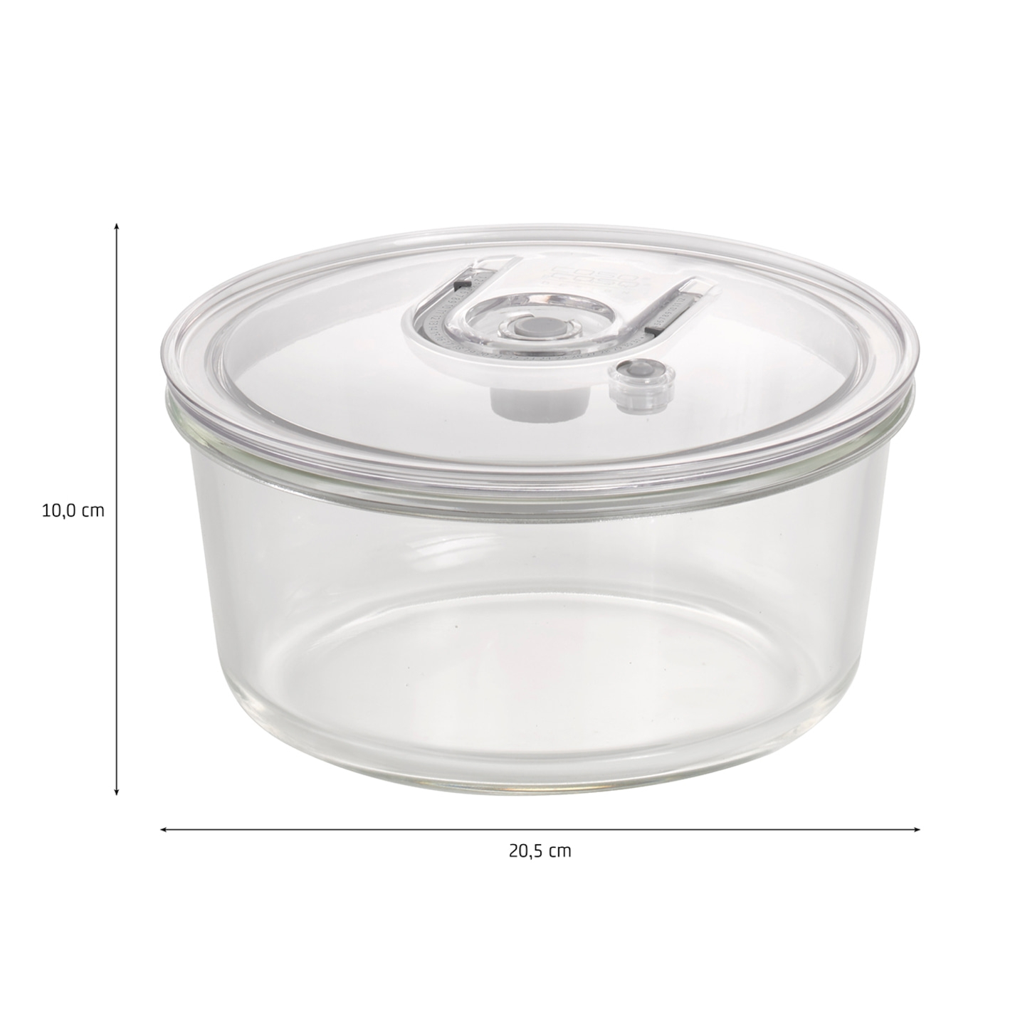 Glass container with lid, 10.0 cm high and 20.5 cm wide.
