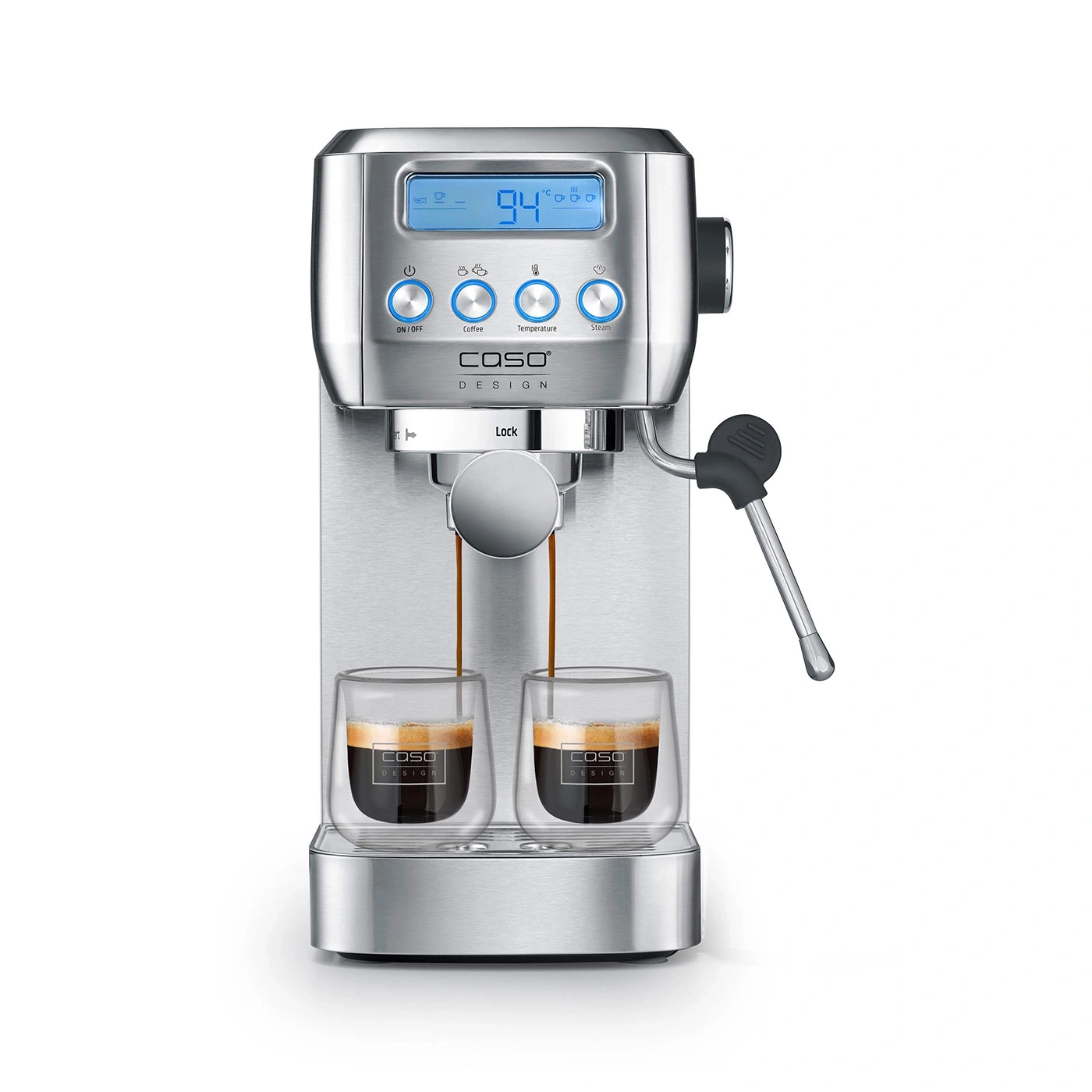Espressomaschine mit zwei Gläsern, die Kaffee ausgeben, Temperaturanzeige und Bedienknöpfen.