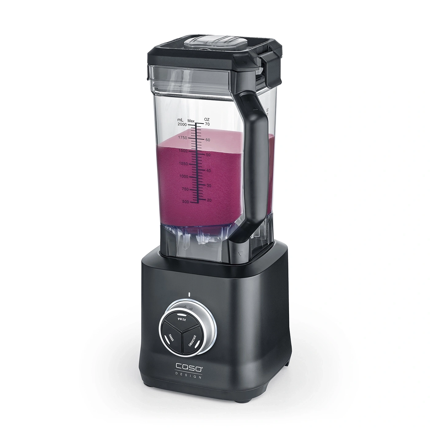 Black blender with purple liquid, control panel with options, Caso Design brand.