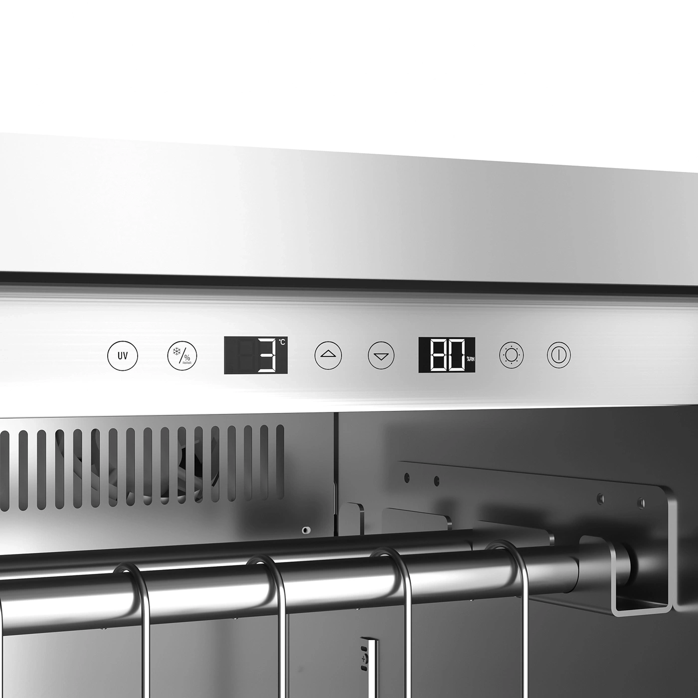 A refrigerator display showing temperature and humidity readings.
