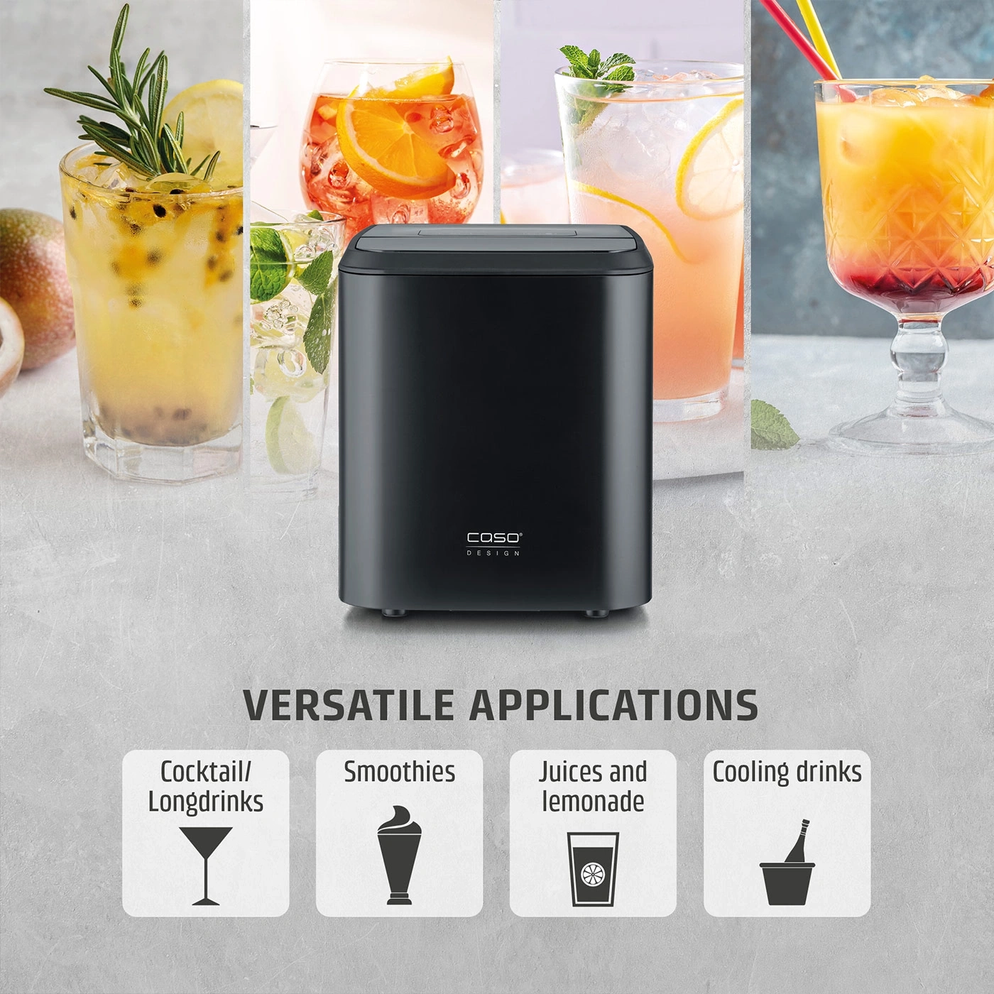 A black ice maker with four icons for cocktails, smoothies, lemonades, and drink cooling.
