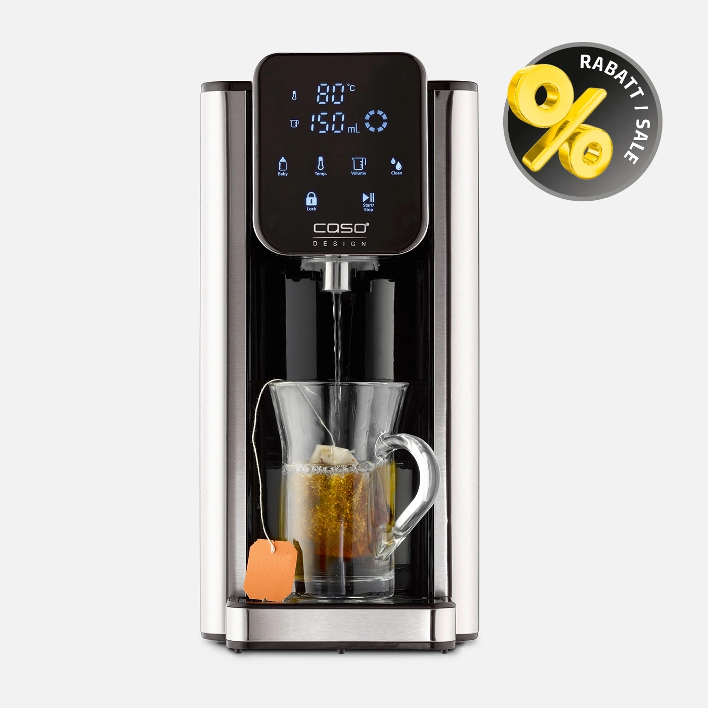 A water dispenser with a glass of tea and a discount symbol.