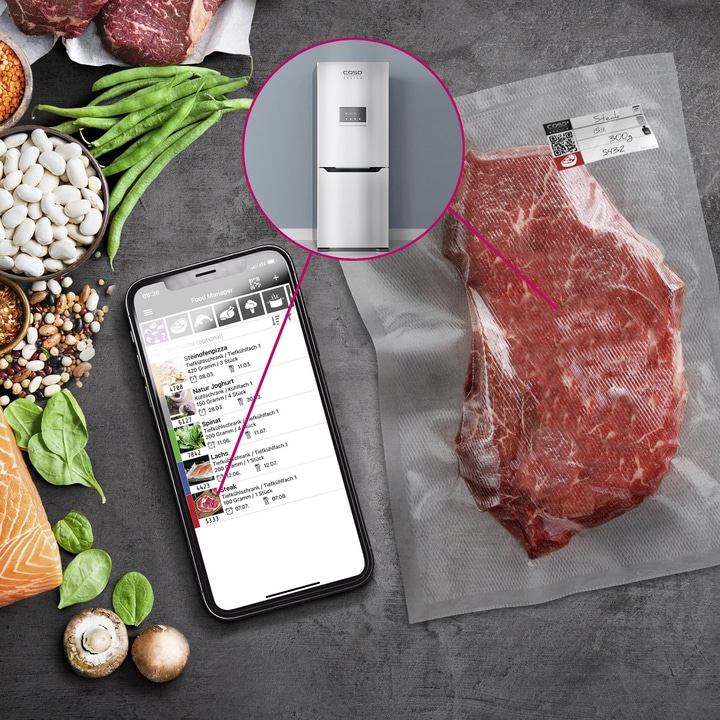 Food, smartphone, refrigerator, steak, vegetables, ingredients, Food Manager app