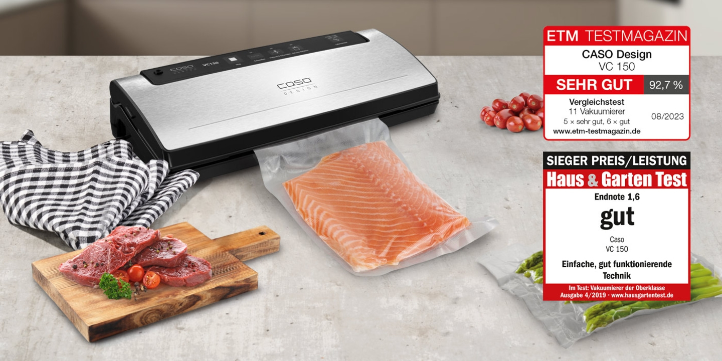 Vakuumierer mit Bewertung, Fleisch, Fisch und Gemüse verpackt, Testmagazin und Haus & Garten Test