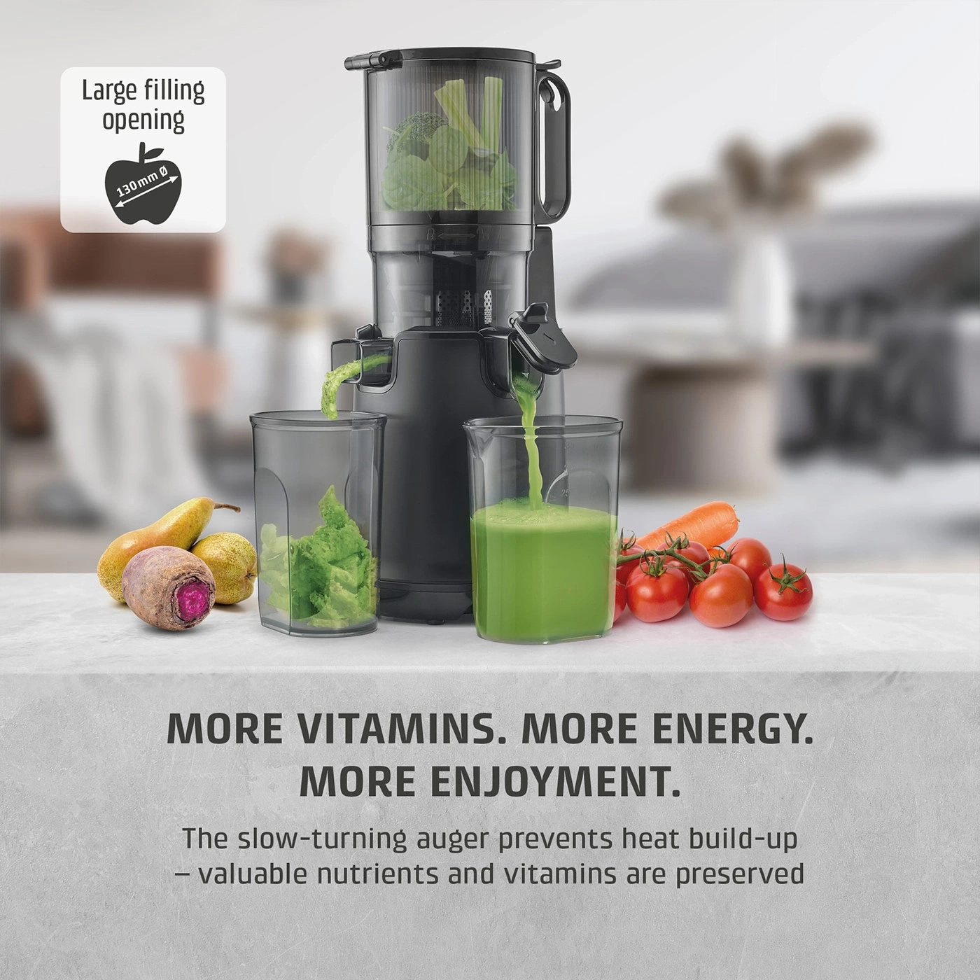 A juicer with a large chute and a seal for good performance.