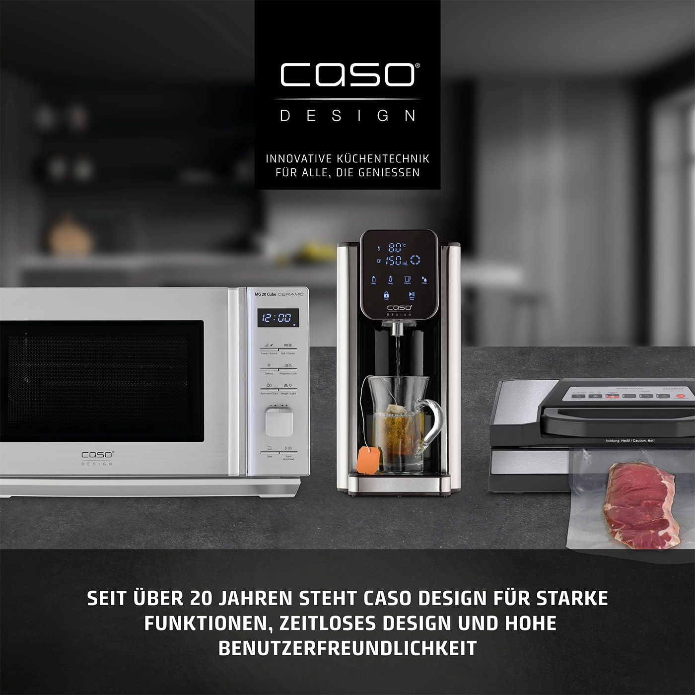 Caso Design kitchen appliances: microwave, tea machine, vacuum sealer. Innovative design.