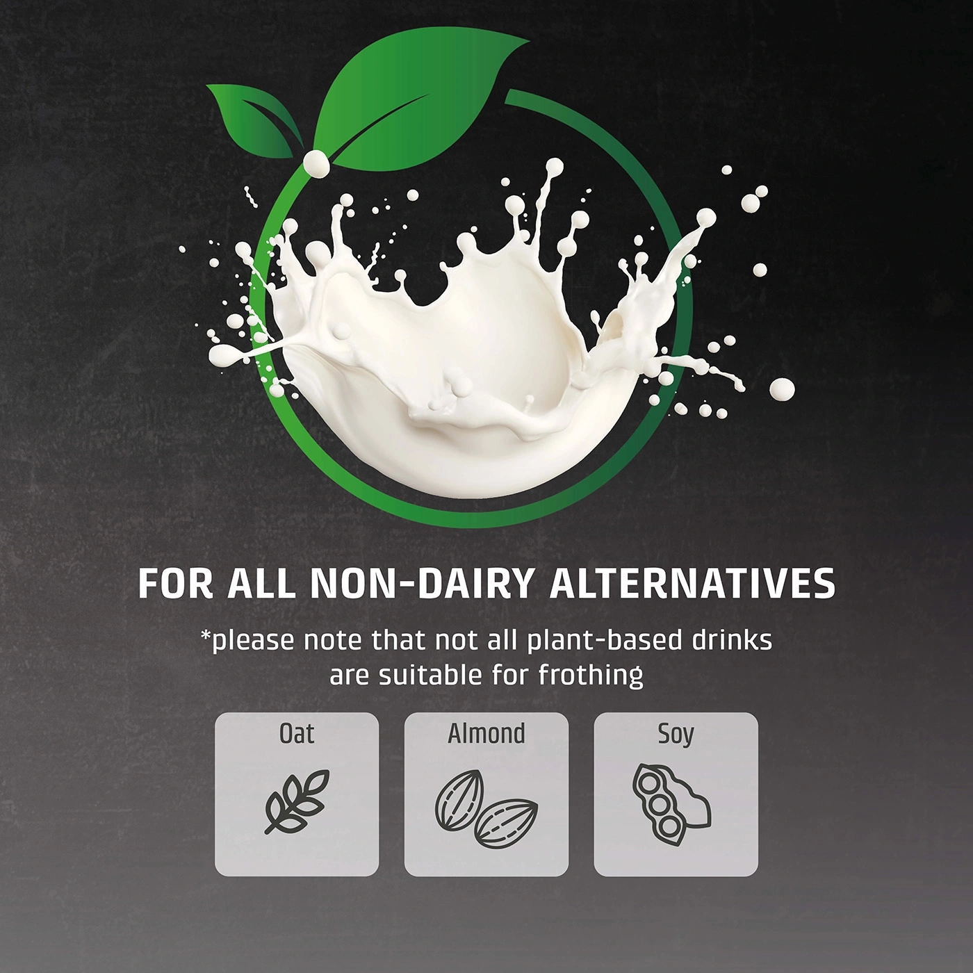 Advertisement for plant-based milk with oat, almond, and soy options.