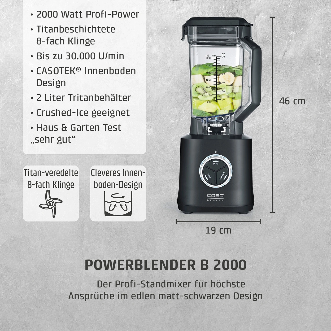Ein schwarzer Standmixer mit einem Glasbehälter, gefüllt mit Früchten und Eis. Daneben sind Text und Symbole.