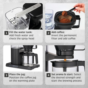 Instructions for preparing coffee with a coffee machine in four steps.