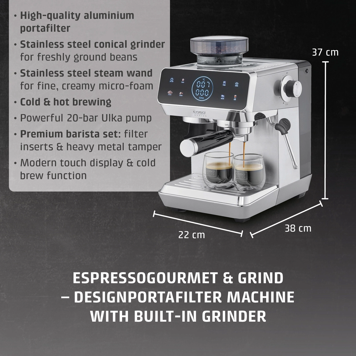 Espresso machine with portafilter, grinder and touch display