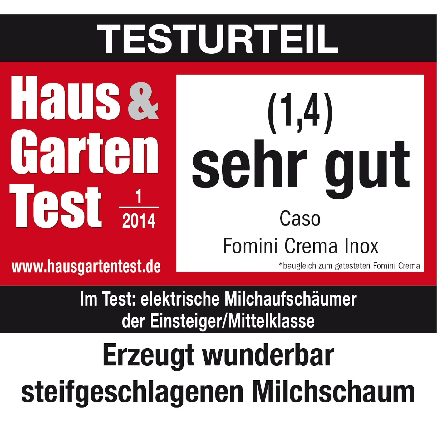 Testurteil Haus & Garten Test, sehr gut, Caso Fomini Crema Inox, elektrische Milchaufschäumer