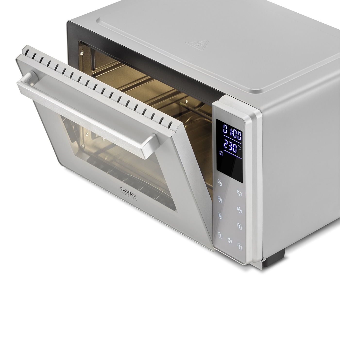 Silver oven with open door and digital display, Caso Design, kitchen appliance.