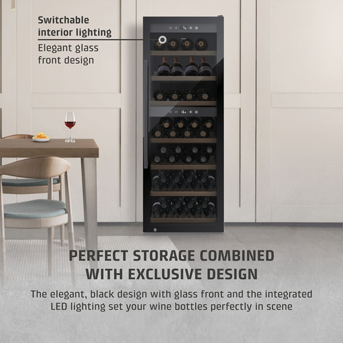 Wine cooler with glass front, interior lighting, and elegant design for perfect wine storage.