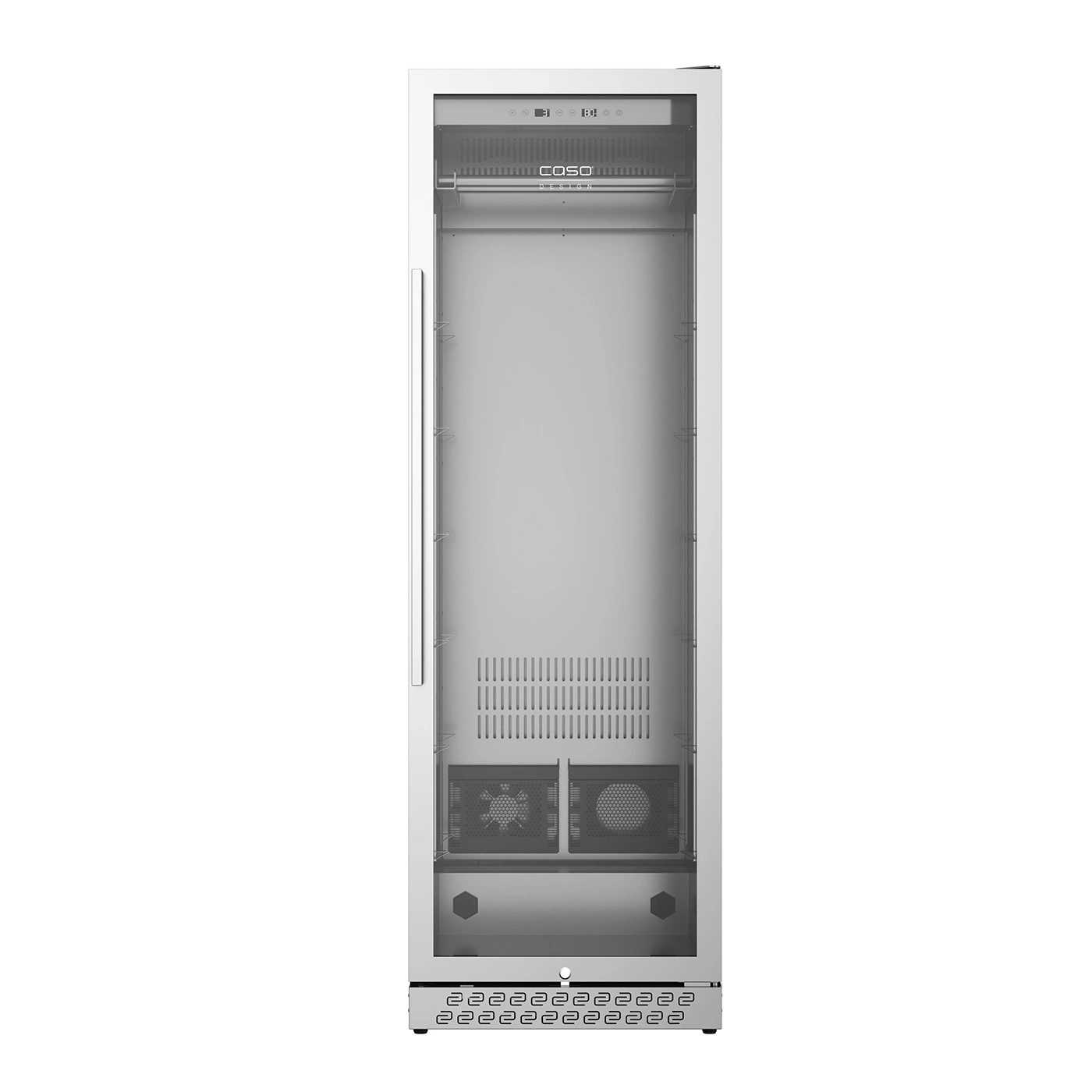 Empty wine cooler, glass front, stainless steel, interior, lighting, design, Caso, modern, elegant