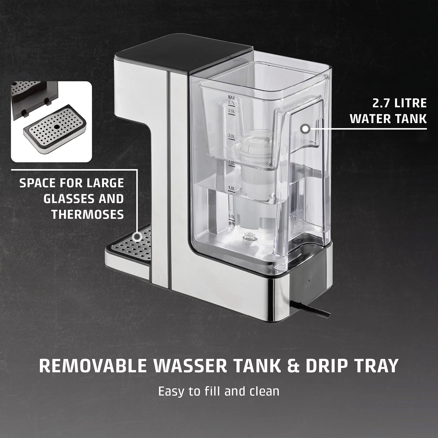Water tank and drip tray of a water dispenser