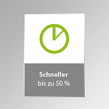 Grünes Uhrensymbol mit Text 'Schneller bis zu 50 %' auf weißem Hintergrund.