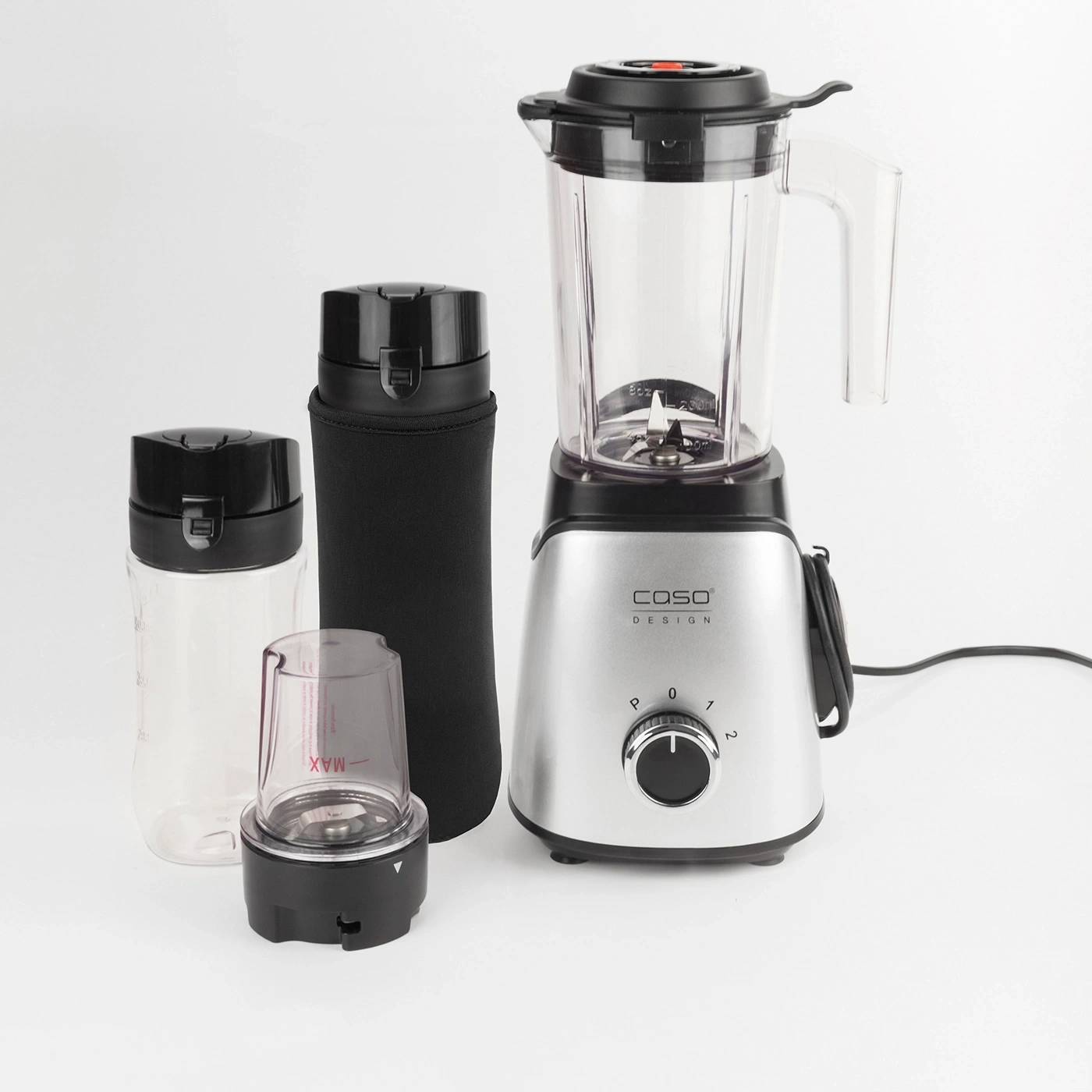 Kitchen appliance: Blender with accessories, silver and black, on white background.